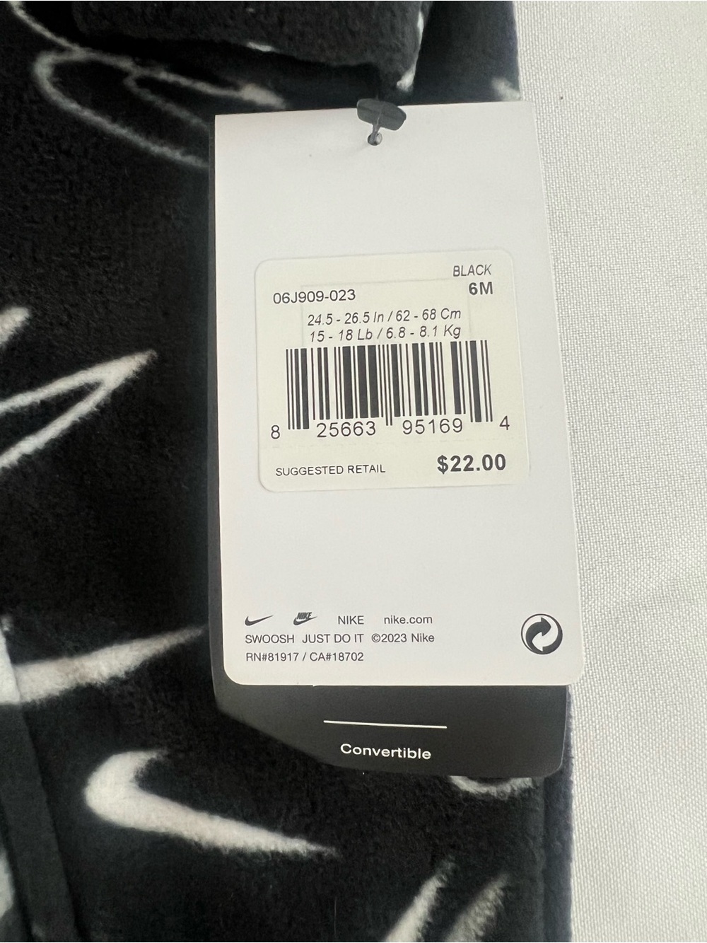 Nike Black Fleece Footed One-Piece with White Swoosh Print - Picture 6 of 6